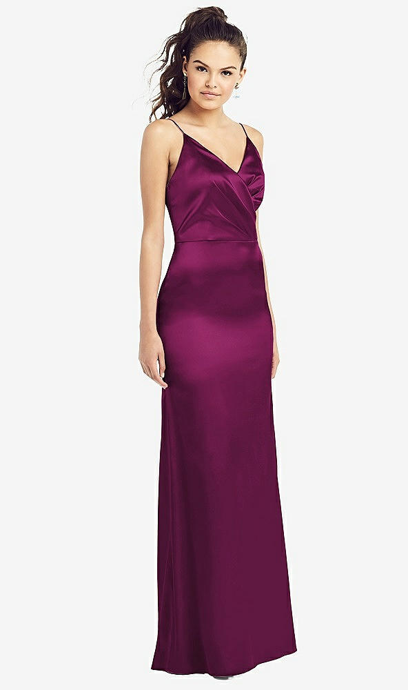 Front View - Merlot Slim Spaghetti Strap Wrap Bodice Trumpet Gown