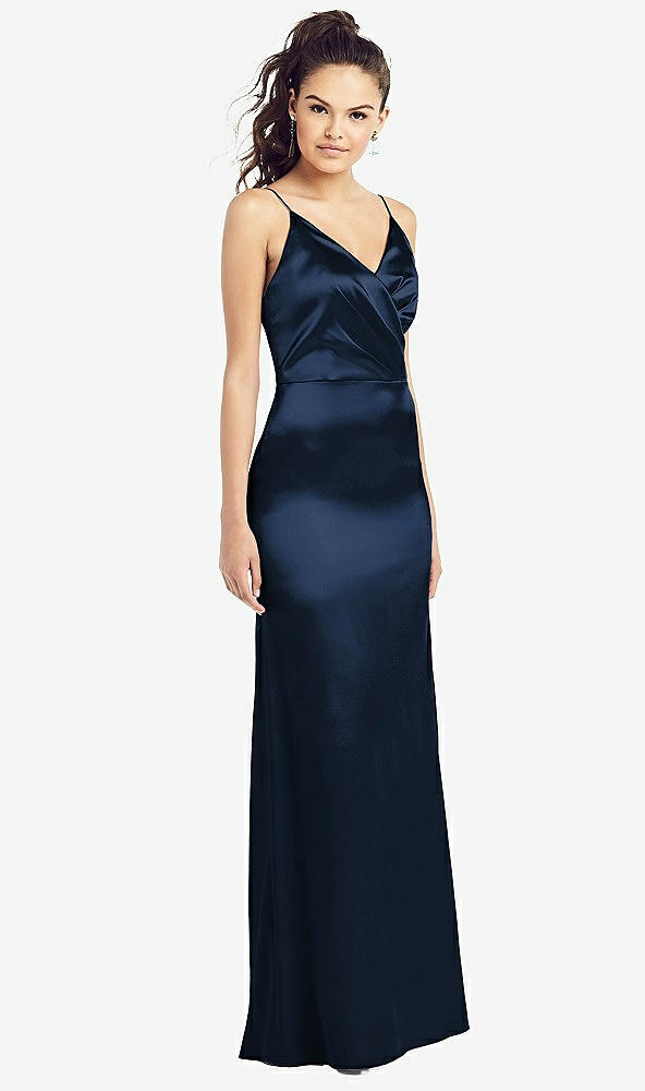 Front View - Midnight Navy Slim Spaghetti Strap Wrap Bodice Trumpet Gown