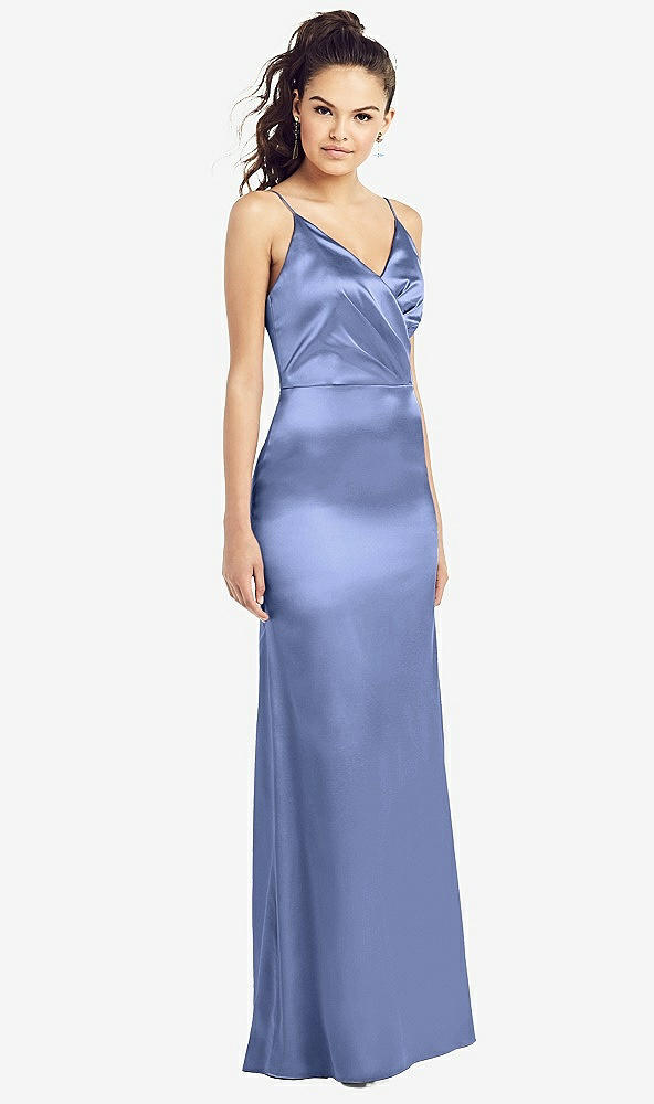 Front View - Periwinkle - PANTONE Serenity Slim Spaghetti Strap Wrap Bodice Trumpet Gown