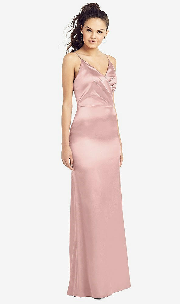 Front View - Rose - PANTONE Rose Quartz Slim Spaghetti Strap Wrap Bodice Trumpet Gown