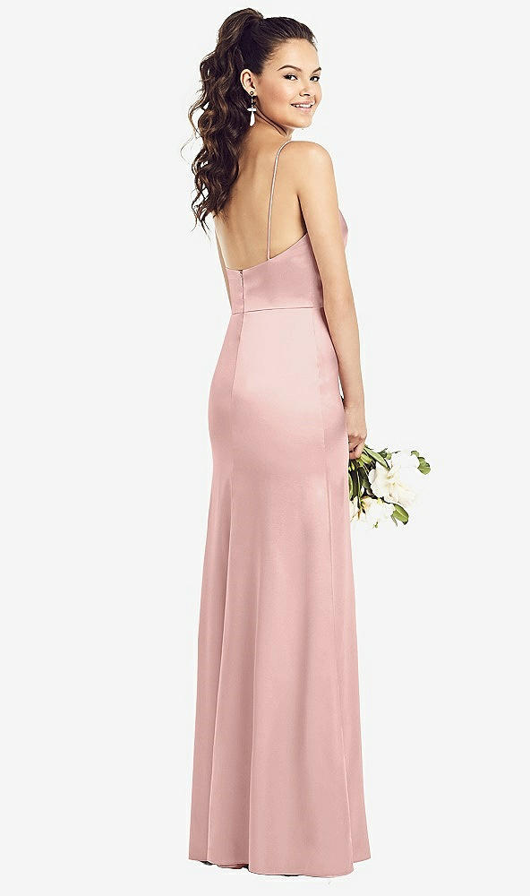 Back View - Rose - PANTONE Rose Quartz Slim Spaghetti Strap Wrap Bodice Trumpet Gown