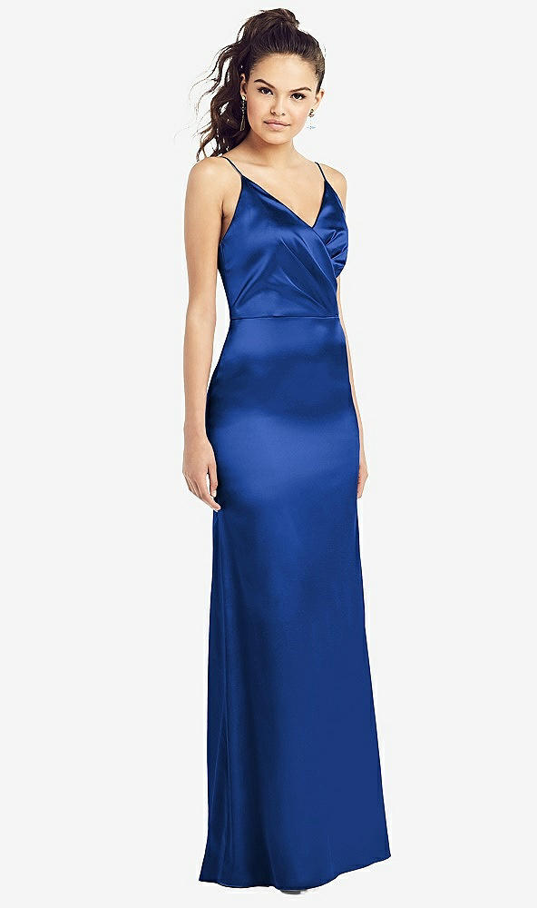 Front View - Sapphire Slim Spaghetti Strap Wrap Bodice Trumpet Gown