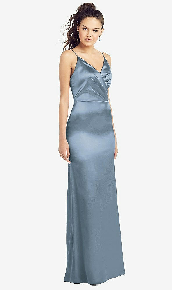 Front View - Slate Slim Spaghetti Strap Wrap Bodice Trumpet Gown