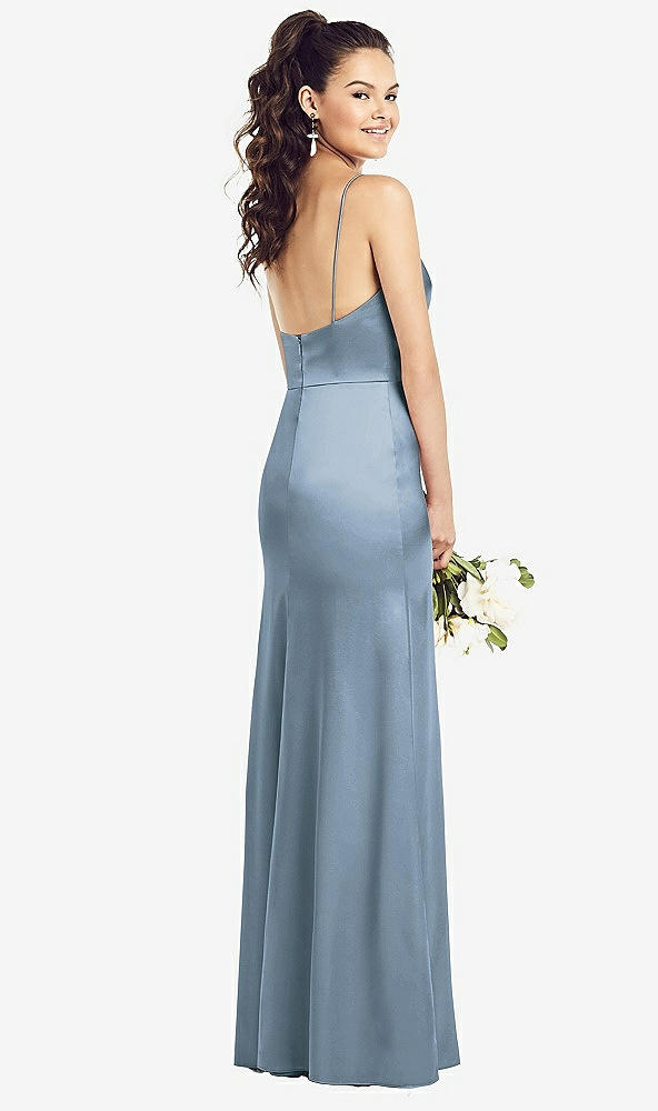 Back View - Slate Slim Spaghetti Strap Wrap Bodice Trumpet Gown