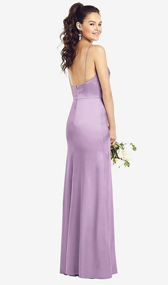 Back View - Wood Violet Slim Spaghetti Strap Wrap Bodice Trumpet Gown