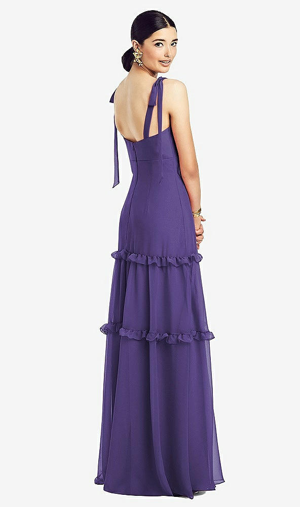 Back View - Regalia - PANTONE Ultra Violet Bowed Tie-Shoulder Chiffon Dress with Tiered Ruffle Skirt