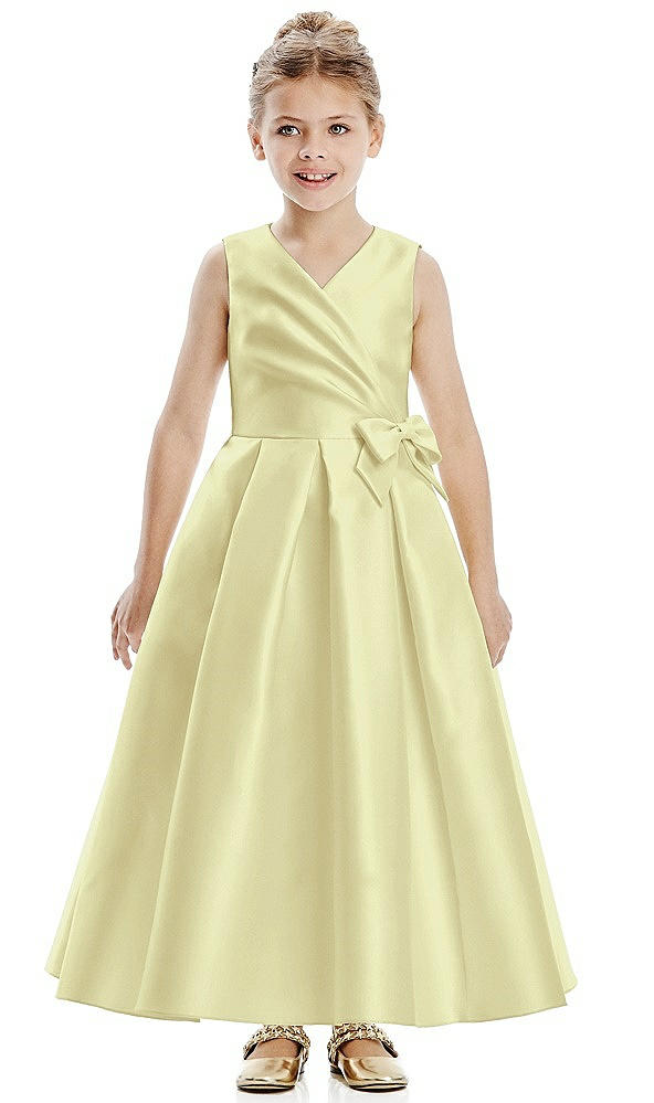 Front View - Butter Yellow Faux Wrap Pleated Skirt Satin Twill Flower Girl Dress with Bow