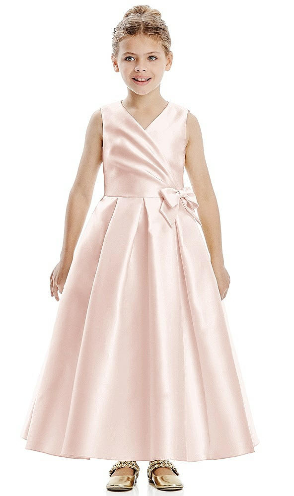 Front View - Blush Faux Wrap Pleated Skirt Satin Twill Flower Girl Dress with Bow