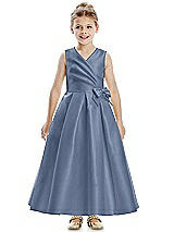 Front View Thumbnail - Larkspur Blue Faux Wrap Pleated Skirt Satin Twill Flower Girl Dress with Bow