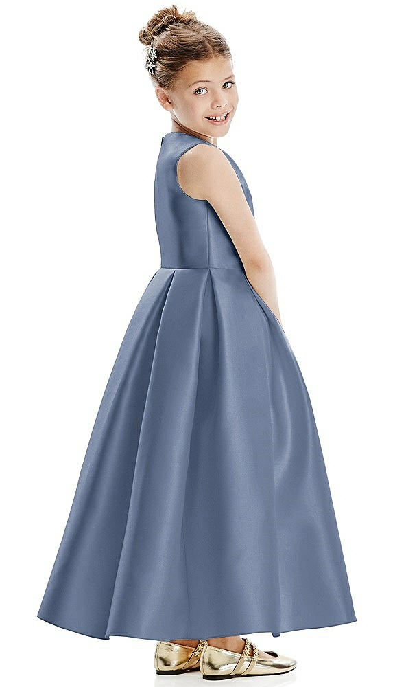 Back View - Larkspur Blue Faux Wrap Pleated Skirt Satin Twill Flower Girl Dress with Bow