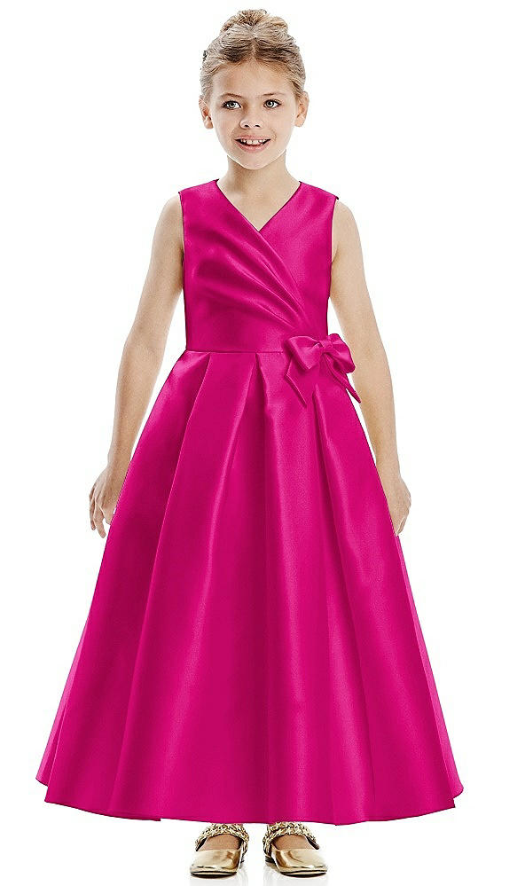 Front View - Think Pink Faux Wrap Pleated Skirt Satin Twill Flower Girl Dress with Bow