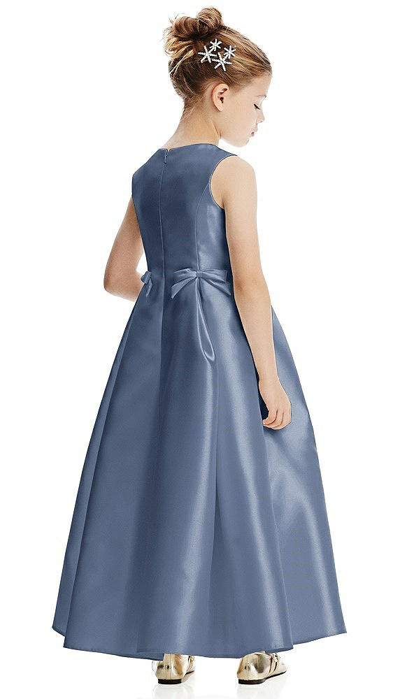 Back View - Larkspur Blue Princess Line Satin Twill Flower Girl Dress with Bows