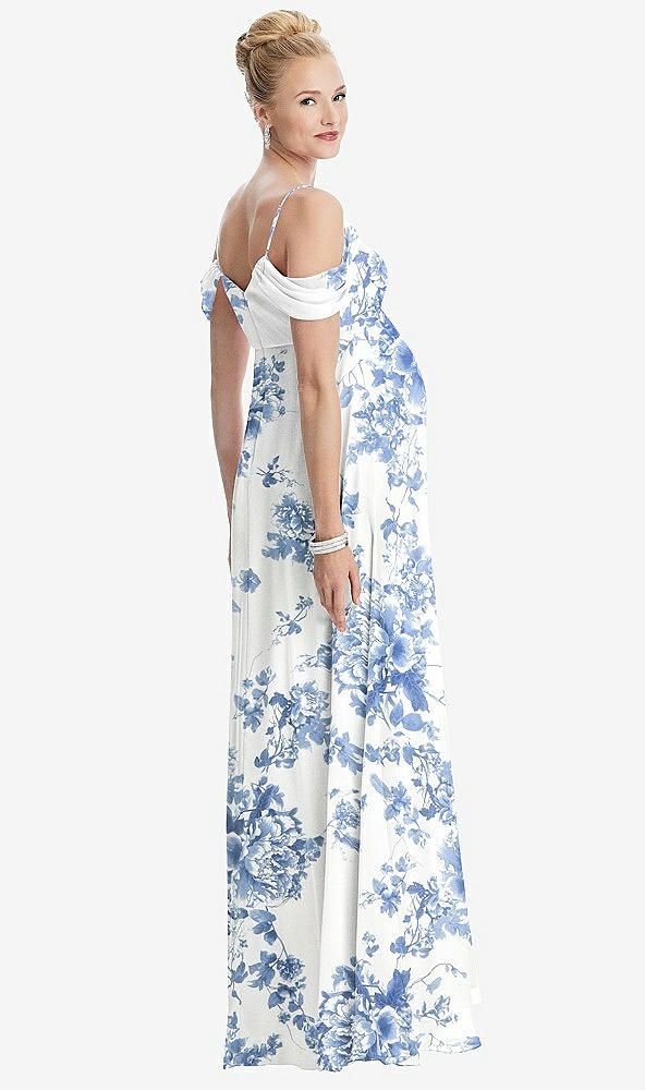 Back View - Cottage Rose Dusk Blue Draped Cold-Shoulder Chiffon Maternity Dress