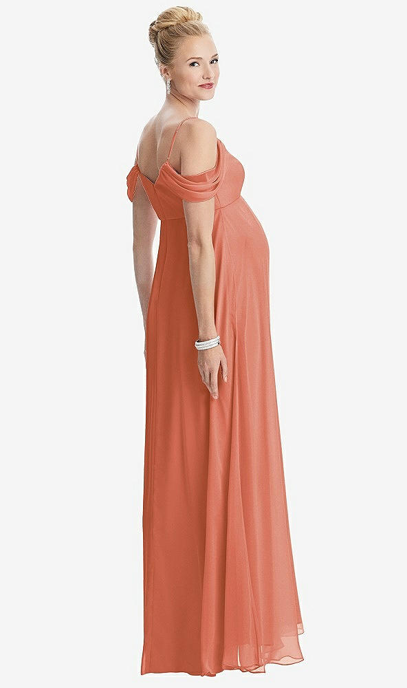 Back View - Terracotta Copper Draped Cold-Shoulder Chiffon Maternity Dress