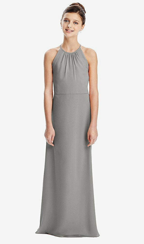 Back View - Chelsea Gray Shirred Jewel Neck Chiffon Juniors Dress