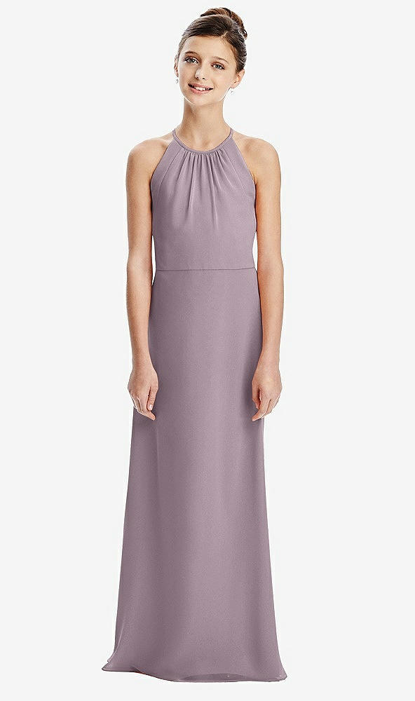 Back View - Lilac Dusk Shirred Jewel Neck Chiffon Juniors Dress