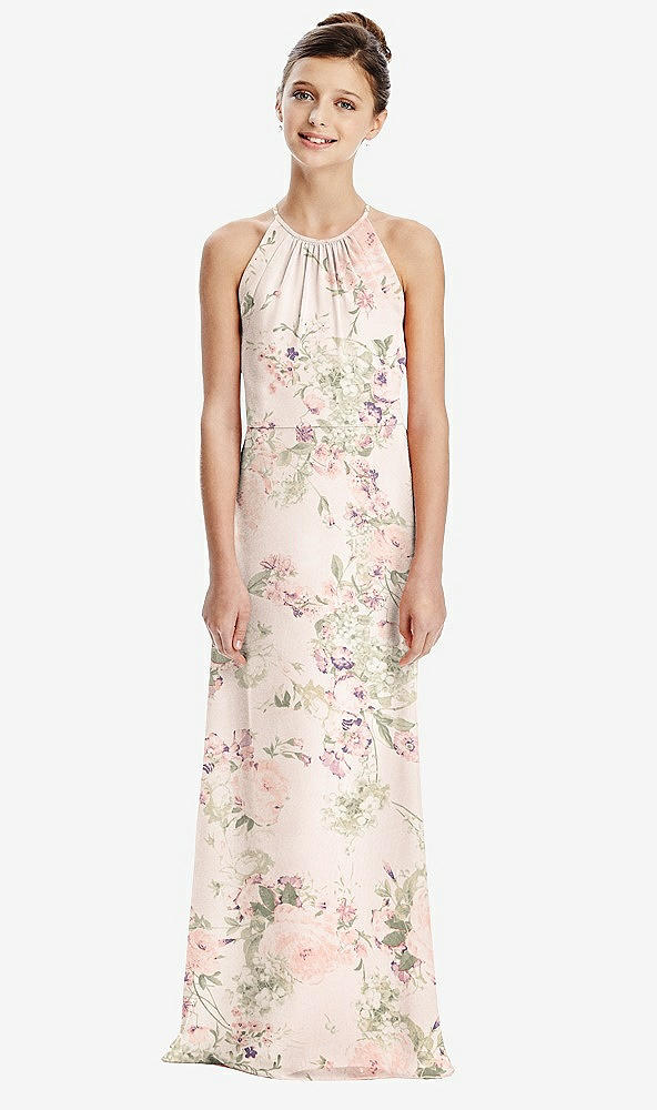 Back View - Blush Garden Shirred Jewel Neck Chiffon Juniors Dress