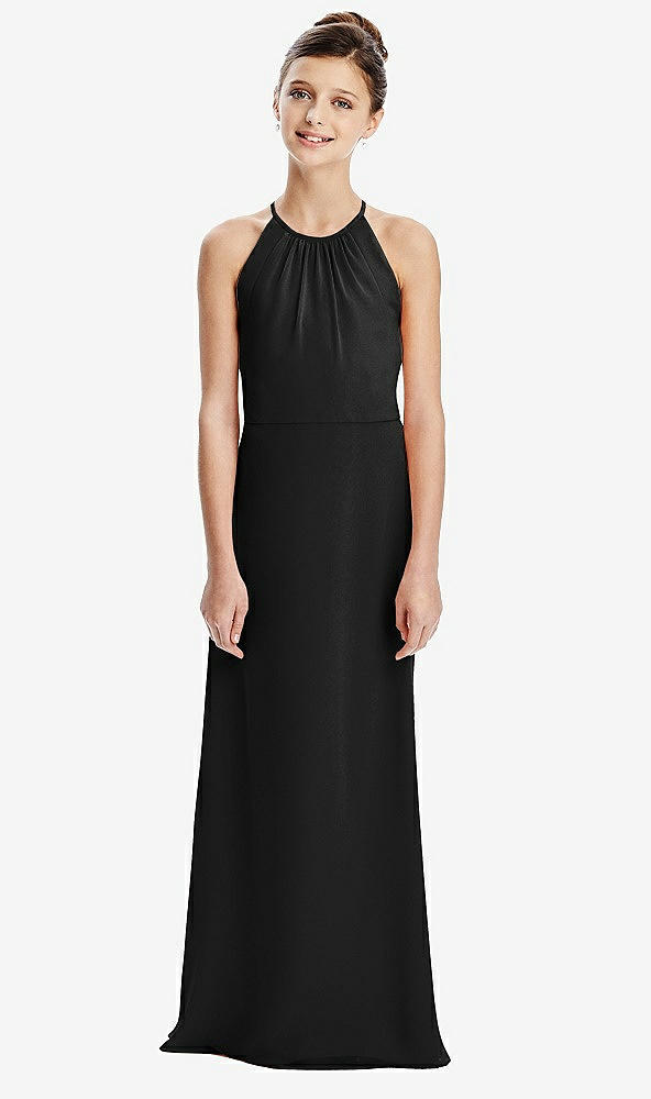 Back View - Black Shirred Jewel Neck Chiffon Juniors Dress