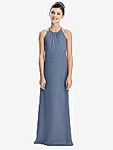 Rear View Thumbnail - Larkspur Blue Shirred Jewel Neck Chiffon Juniors Dress