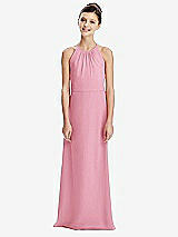 Rear View Thumbnail - Peony Pink Shirred Jewel Neck Chiffon Juniors Dress