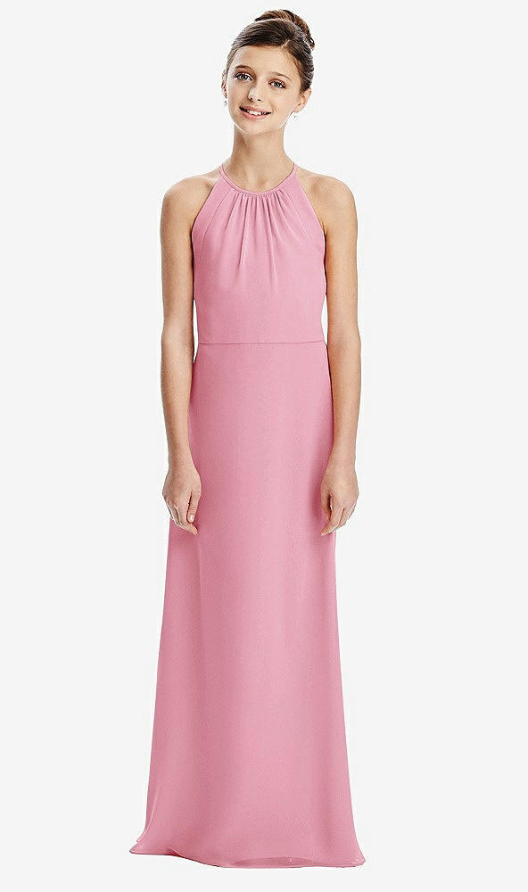 Back View - Peony Pink Shirred Jewel Neck Chiffon Juniors Dress