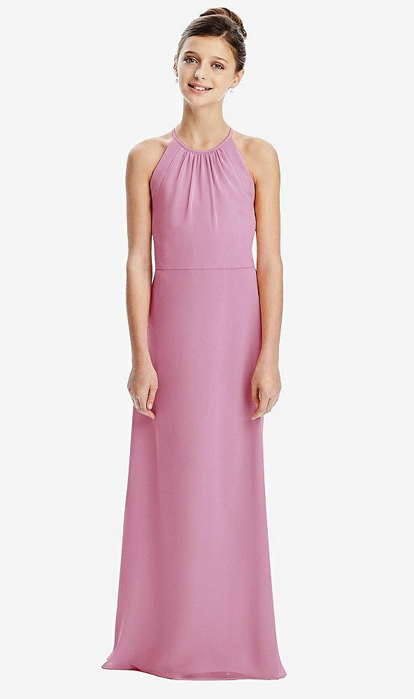 Back View - Powder Pink Shirred Jewel Neck Chiffon Juniors Dress