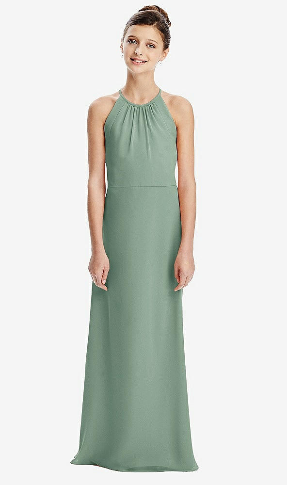 Back View - Seagrass Shirred Jewel Neck Chiffon Juniors Dress