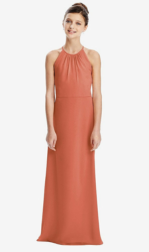 Back View - Terracotta Copper Shirred Jewel Neck Chiffon Juniors Dress