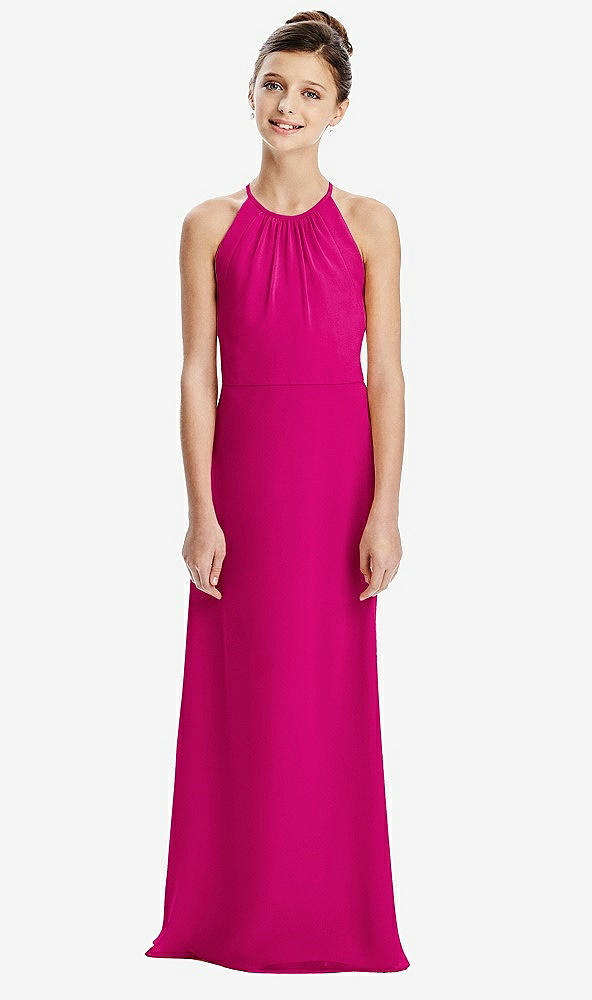 Back View - Think Pink Shirred Jewel Neck Chiffon Juniors Dress