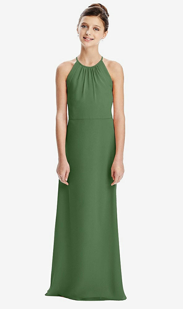 Back View - Vineyard Green Shirred Jewel Neck Chiffon Juniors Dress