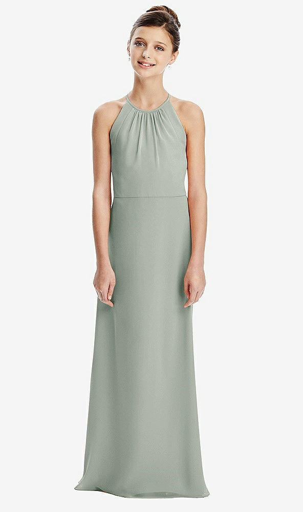 Back View - Willow Green Shirred Jewel Neck Chiffon Juniors Dress