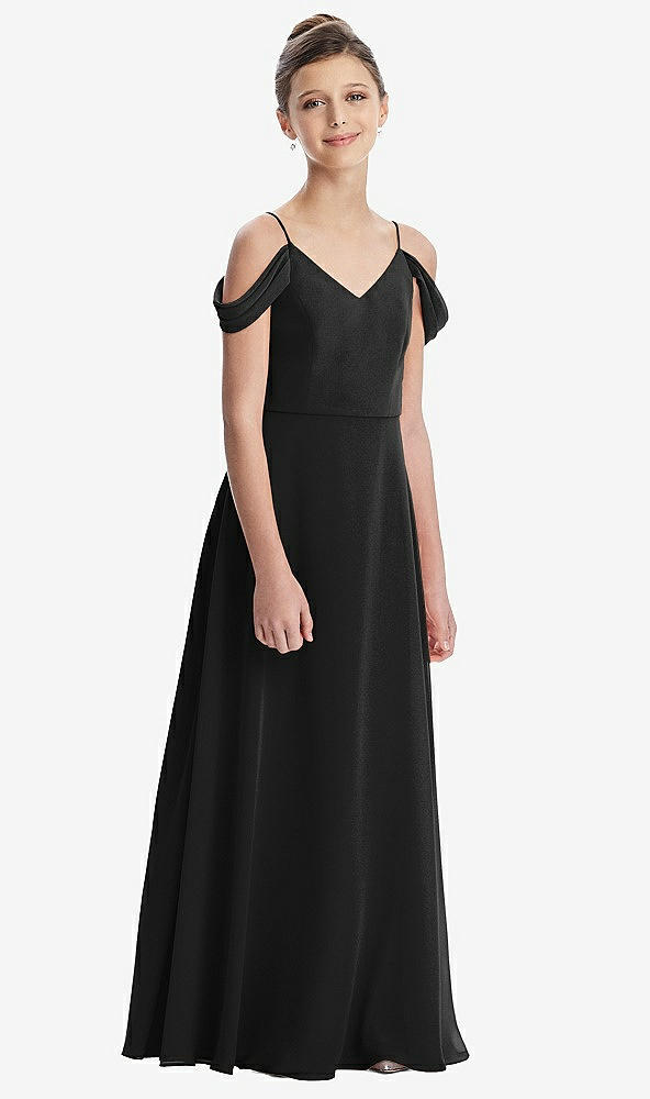 Front View - Black Draped Cold Shoulder Chiffon Juniors Dress