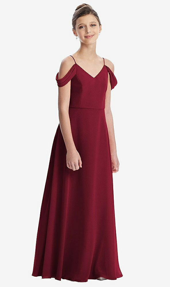 Front View - Burgundy Draped Cold Shoulder Chiffon Juniors Dress