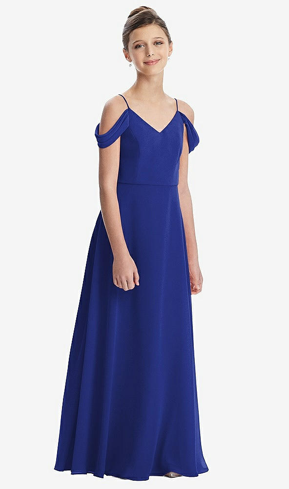 Front View - Cobalt Blue Draped Cold Shoulder Chiffon Juniors Dress