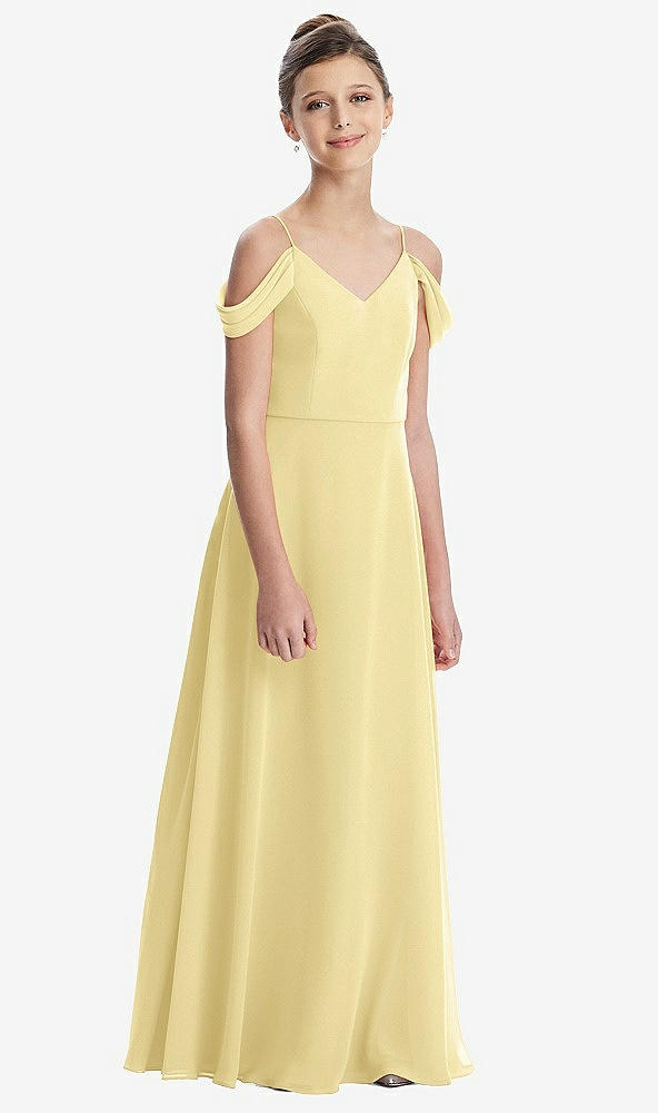 Front View - Pale Yellow Draped Cold Shoulder Chiffon Juniors Dress