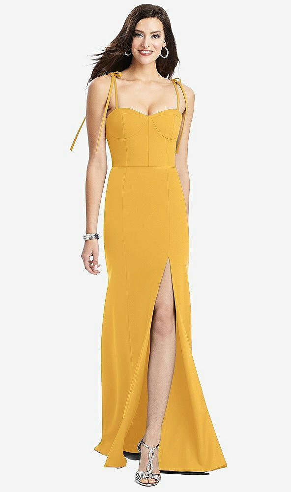 Front View - NYC Yellow Bustier Crepe Gown with Adjustable Bow Straps