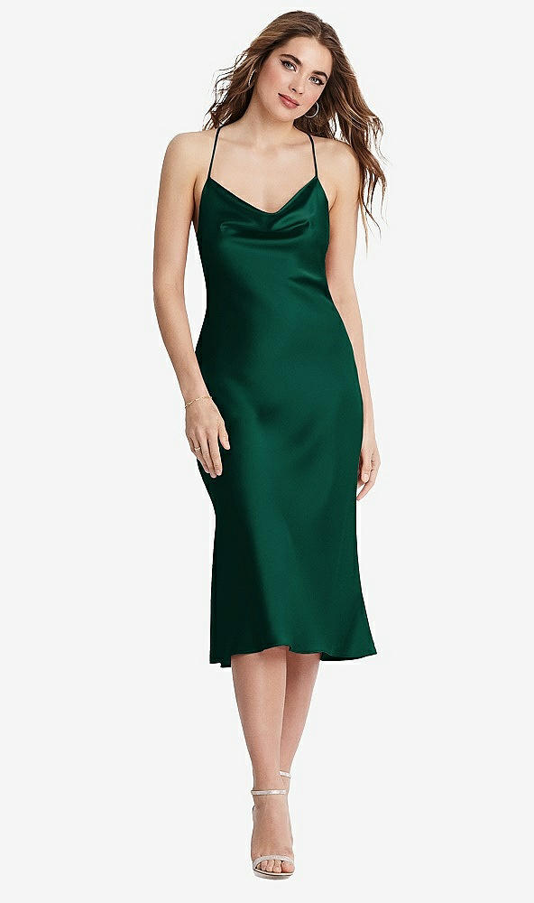 Front View - Hunter Green Cowl-Neck Convertible Midi Slip Dress - Piper