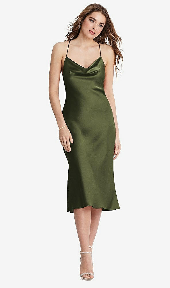 Front View - Olive Green Cowl-Neck Convertible Midi Slip Dress - Piper