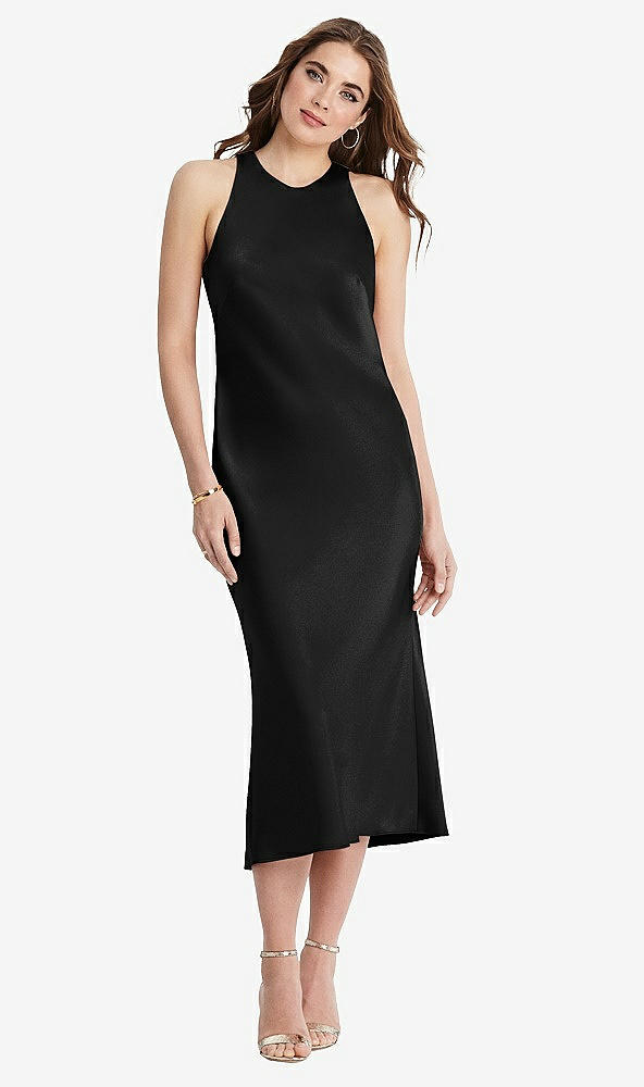 Front View - Black Tie Neck Cutout Midi Tank Dress - Lou