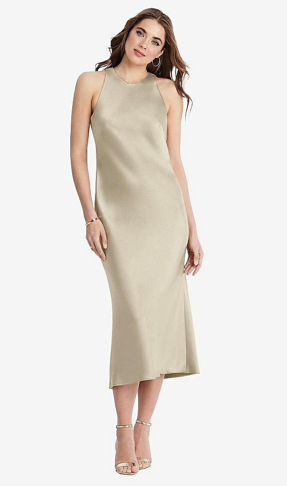 Front View - Champagne Tie Neck Cutout Midi Tank Dress - Lou