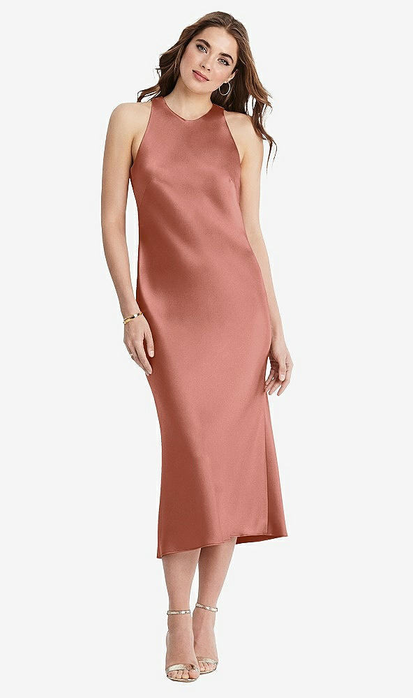 Front View - Desert Rose Tie Neck Cutout Midi Tank Dress - Lou