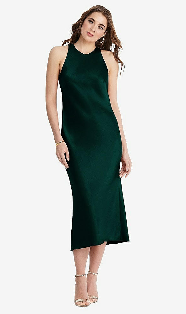 Front View - Evergreen Tie Neck Cutout Midi Tank Dress - Lou