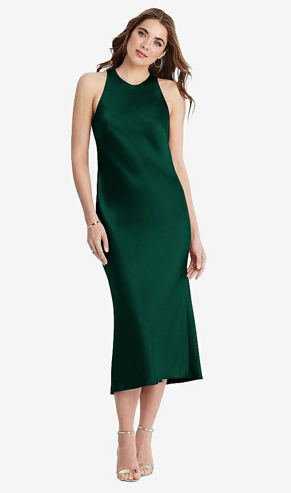 Front View - Hunter Green Tie Neck Cutout Midi Tank Dress - Lou