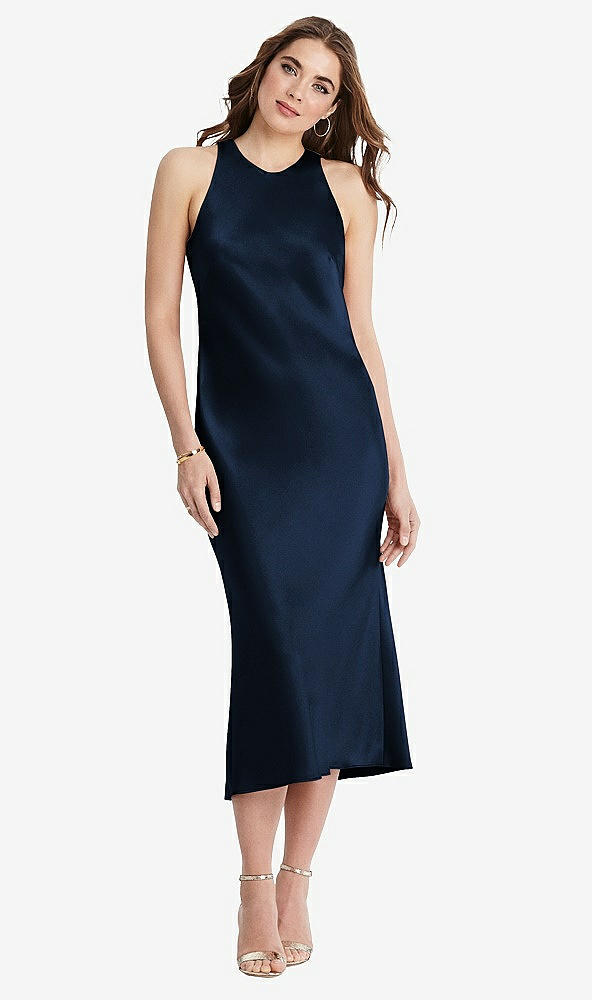 Front View - Midnight Navy Tie Neck Cutout Midi Tank Dress - Lou