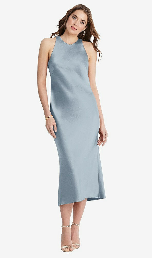 Front View - Mist Tie Neck Cutout Midi Tank Dress - Lou