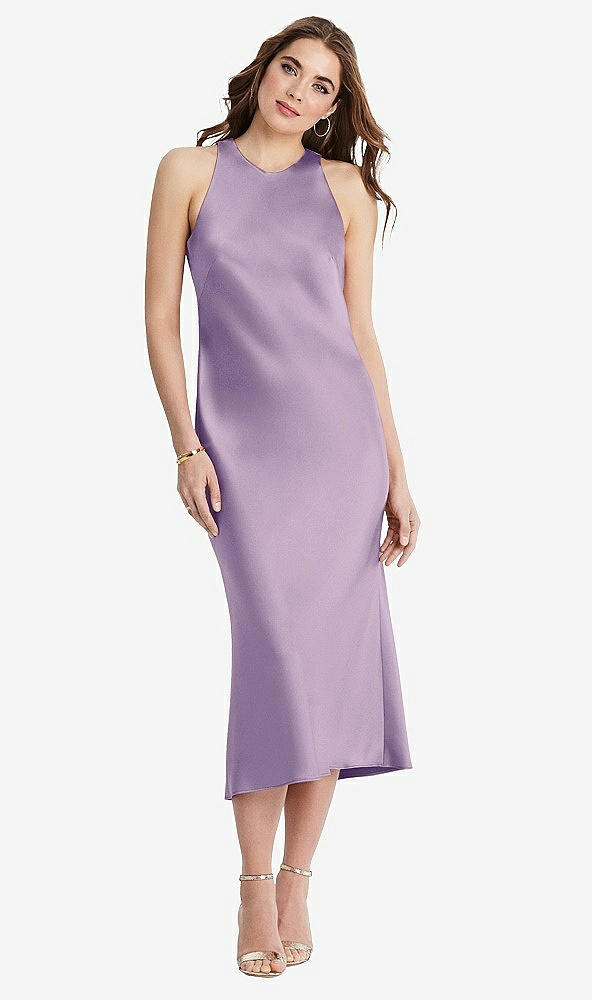 Front View - Pale Purple Tie Neck Cutout Midi Tank Dress - Lou