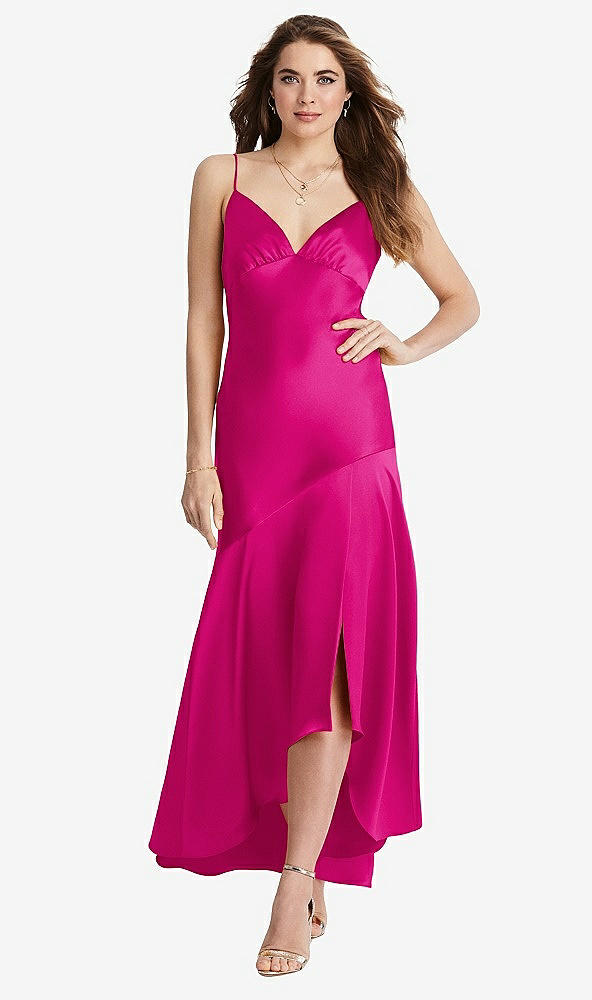 Front View - Think Pink Asymmetrical Drop Waist High-Low Slip Dress - Devon