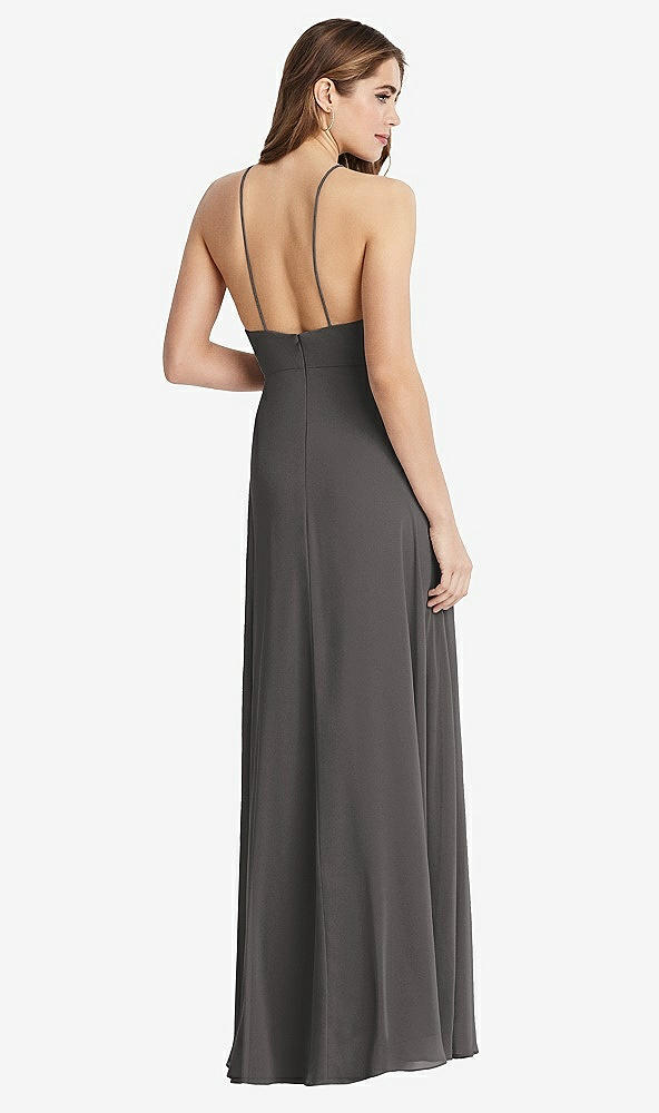 Back View - Caviar Gray High Neck Chiffon Maxi Dress with Front Slit - Lela