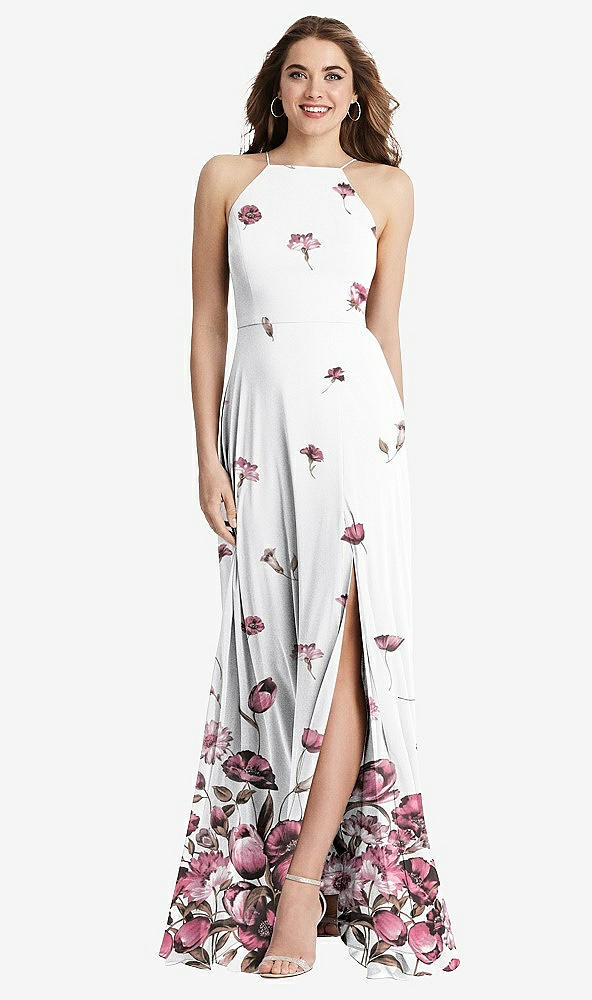 Front View - London Print High Neck Chiffon Maxi Dress with Front Slit - Lela