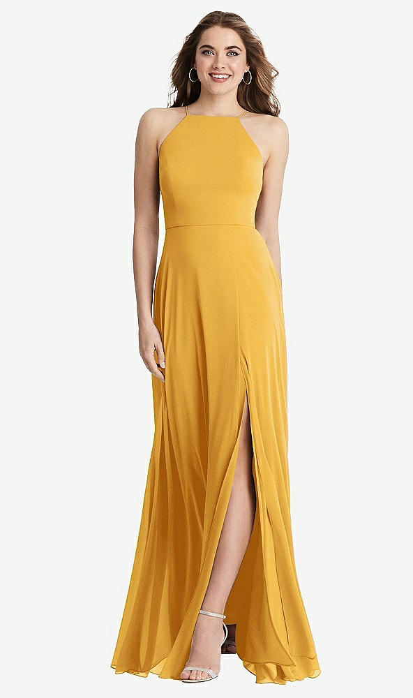 Front View - NYC Yellow High Neck Chiffon Maxi Dress with Front Slit - Lela